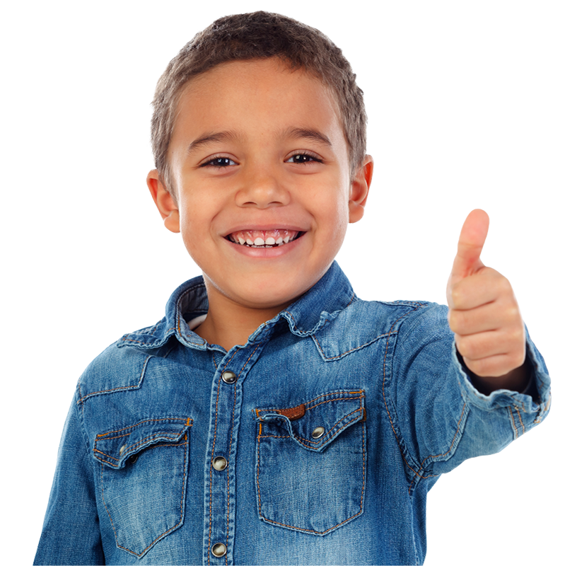 A smiling child holding a thumbs-up.